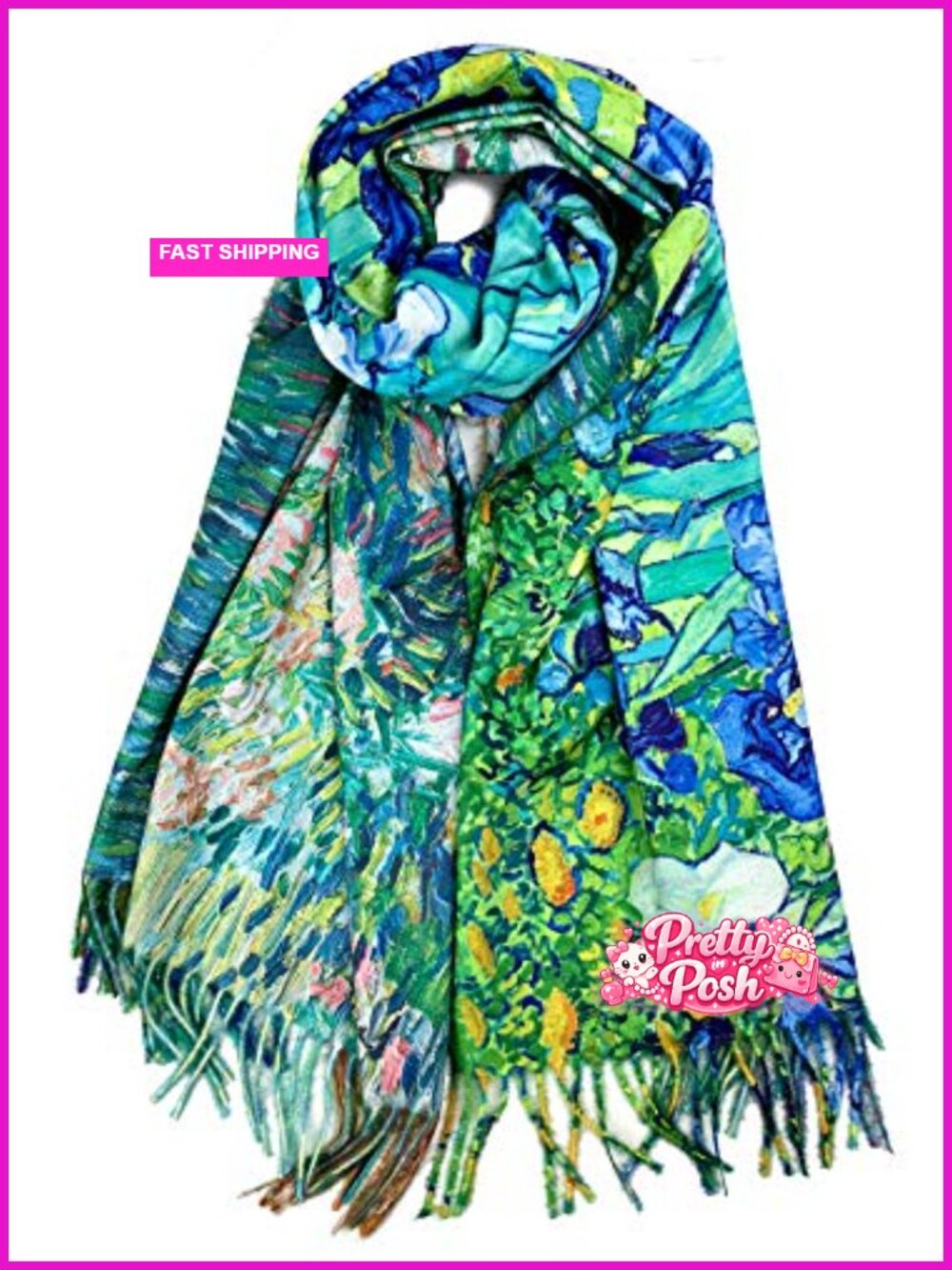 Cashmere Cotton Art Print Reversible Shawl Scarf with Tassel Fringe